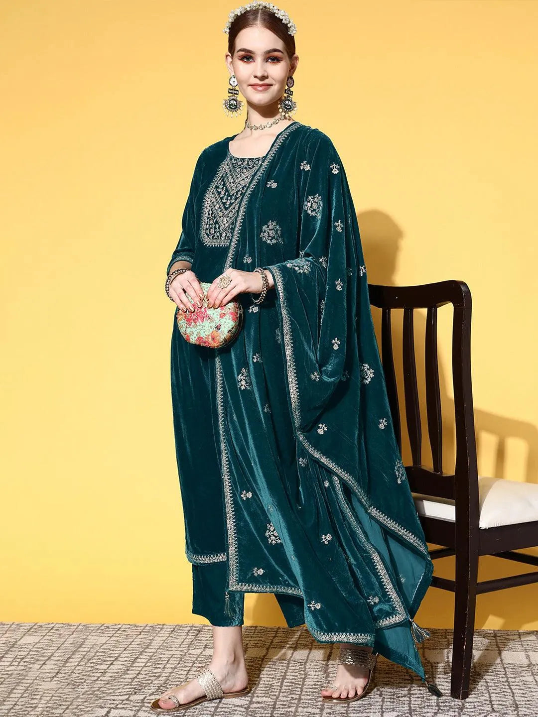 Green Yoke Design Velvet Straight Suit Set - Libas 