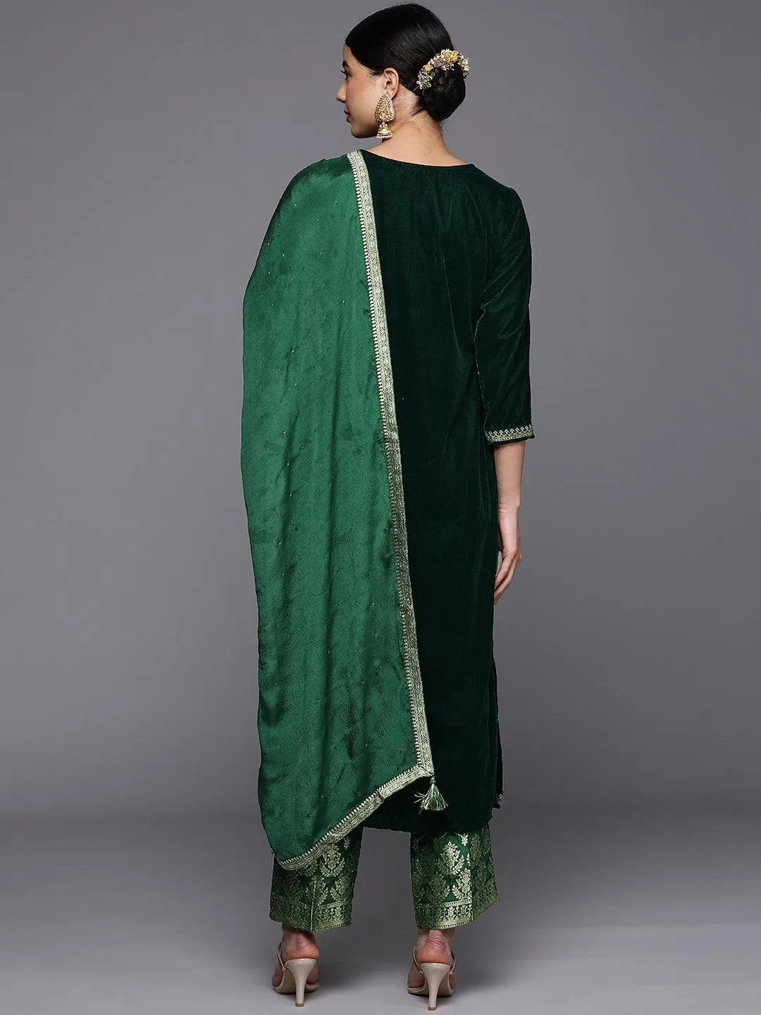 Green Yoke Design Velvet Straight Suit Set - Libas 