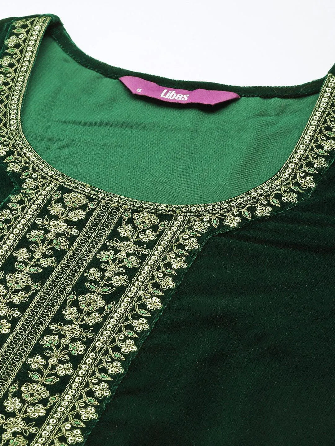 Green Yoke Design Velvet Straight Suit Set - Libas