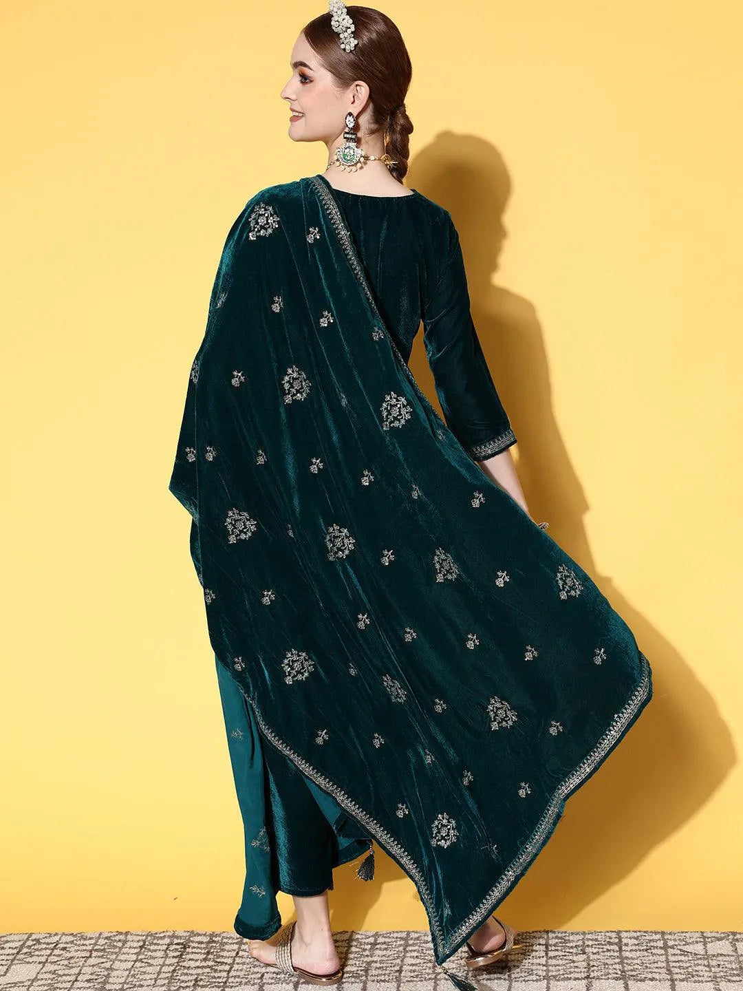 Green Yoke Design Velvet Straight Suit Set - Libas 