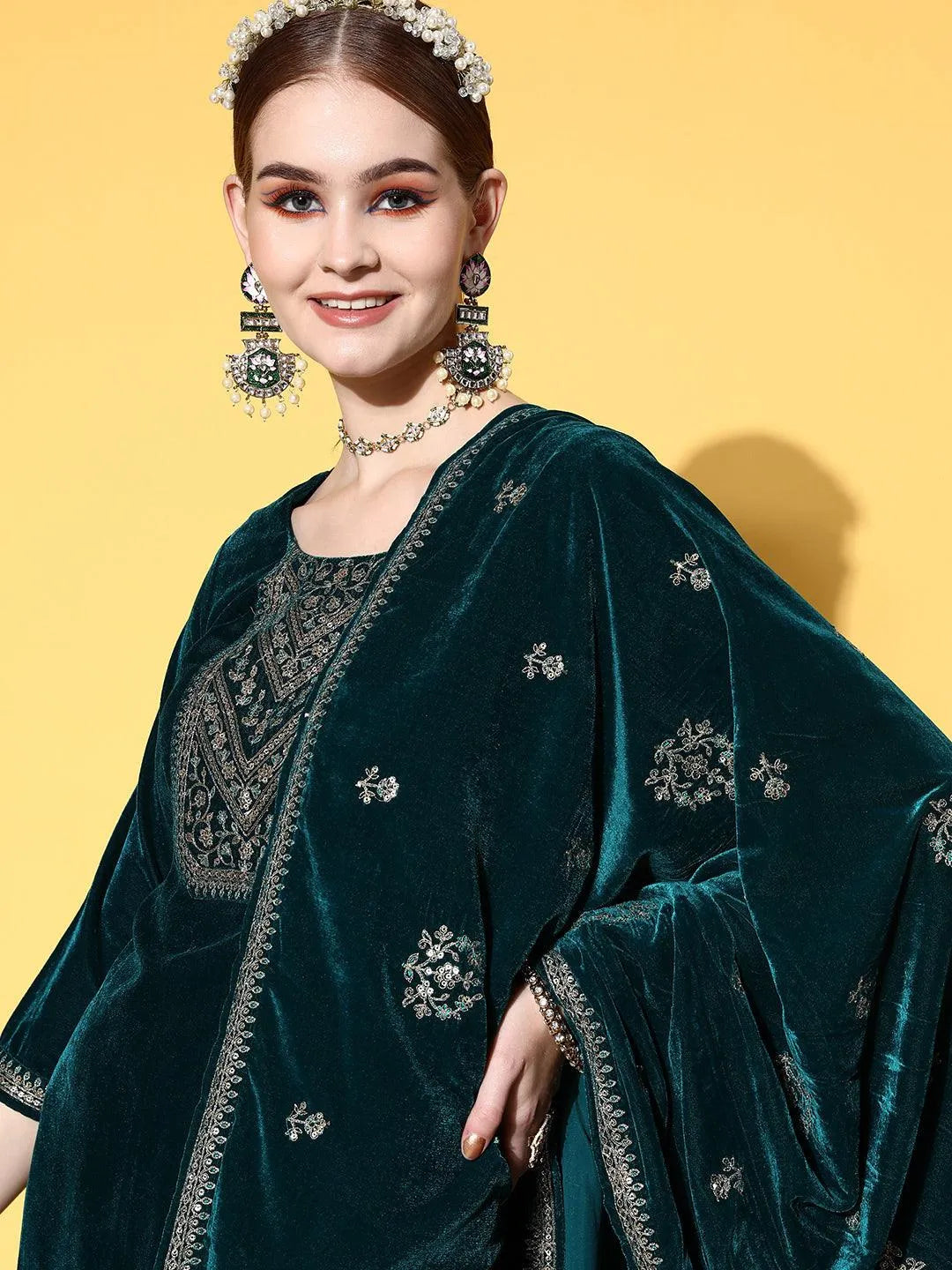 Green Yoke Design Velvet Straight Suit Set - Libas 