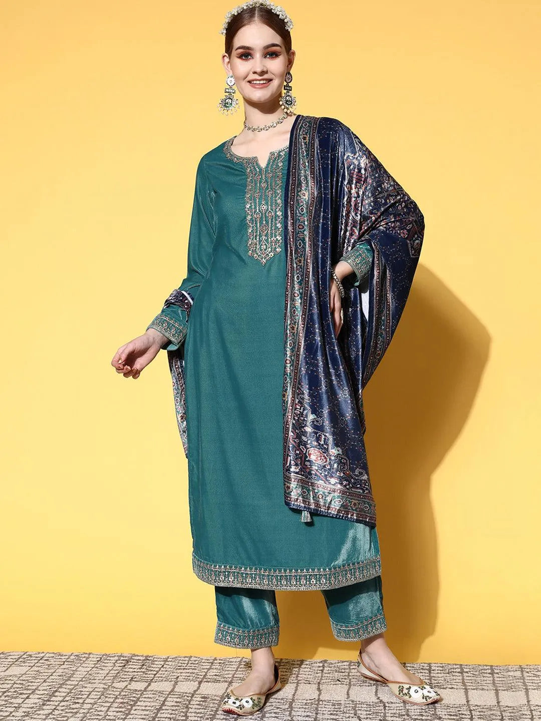 Green Yoke Design Velvet Straight Suit Set - Libas 