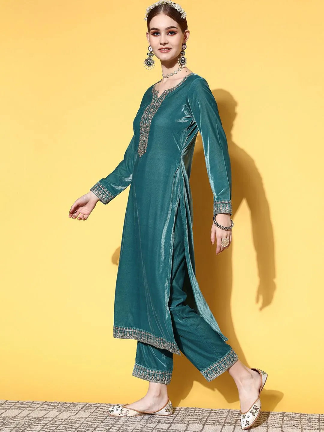 Green Yoke Design Velvet Straight Suit Set - Libas 