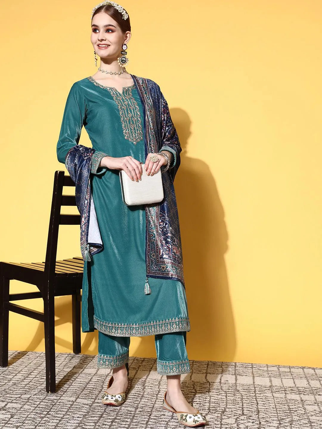 Green Yoke Design Velvet Straight Suit Set - Libas 