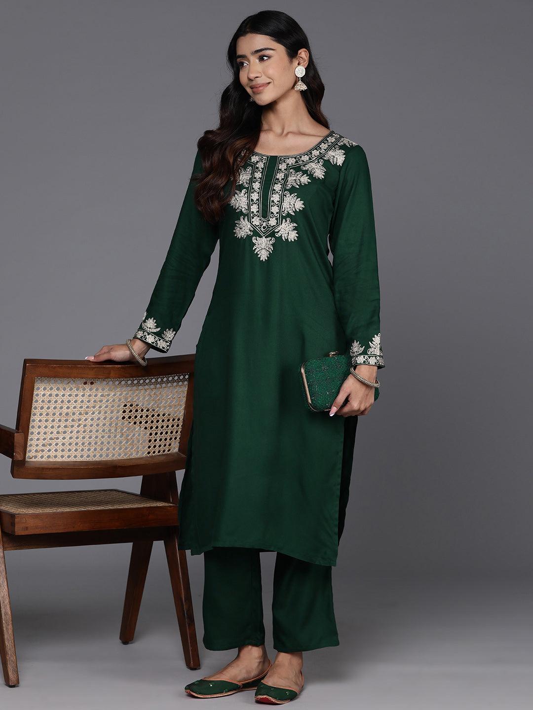 Green Yoke Design Wool Blend Straight Kurta With Trousers - Libas