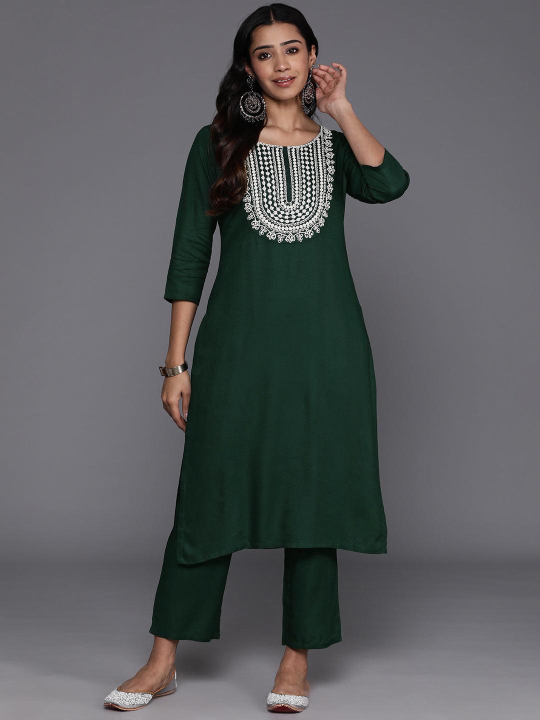 Green Yoke Design Wool Blend Straight Kurta With Trousers - Libas 