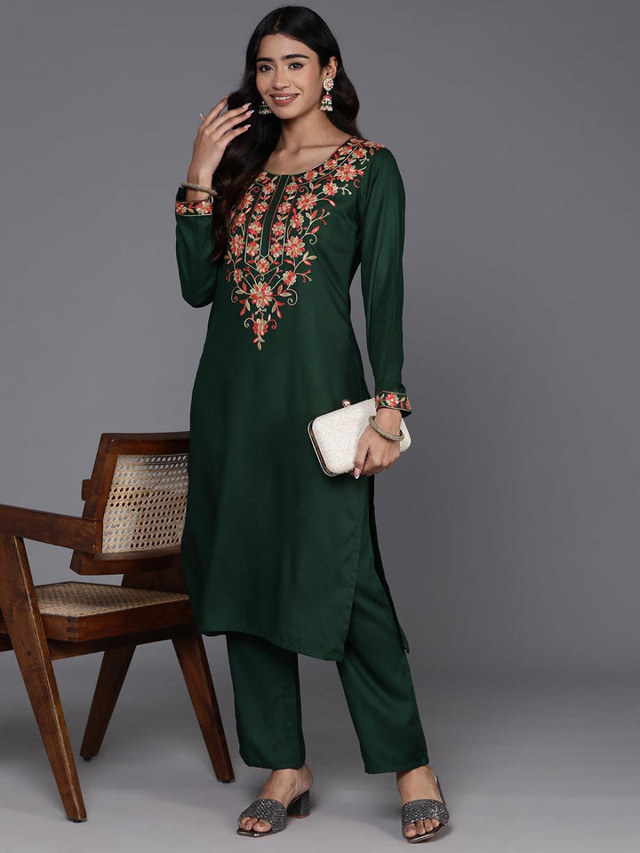 Green Yoke Design Wool Blend Straight Kurta With Trousers - Libas