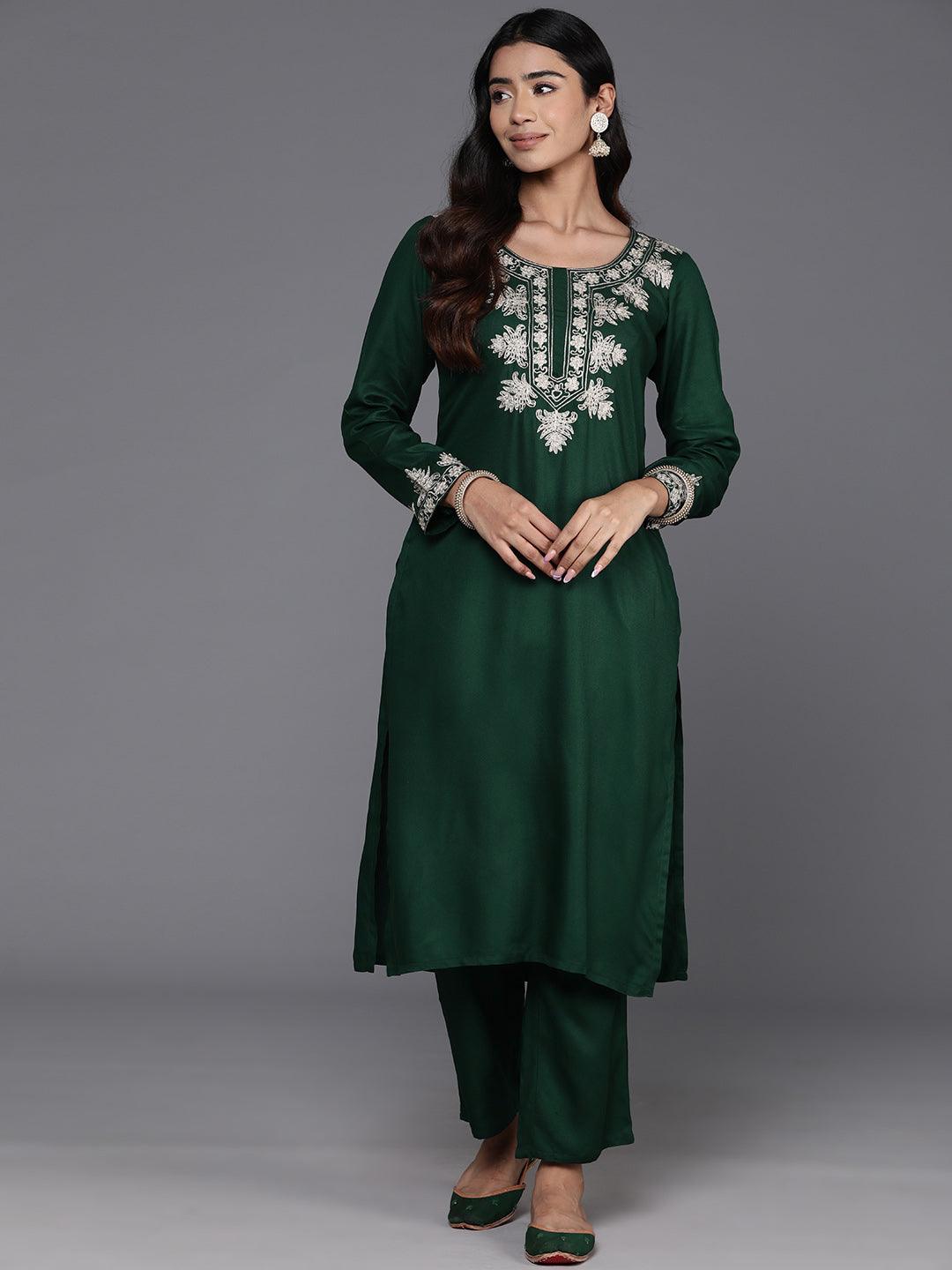 Green Yoke Design Wool Blend Straight Kurta With Trousers - Libas