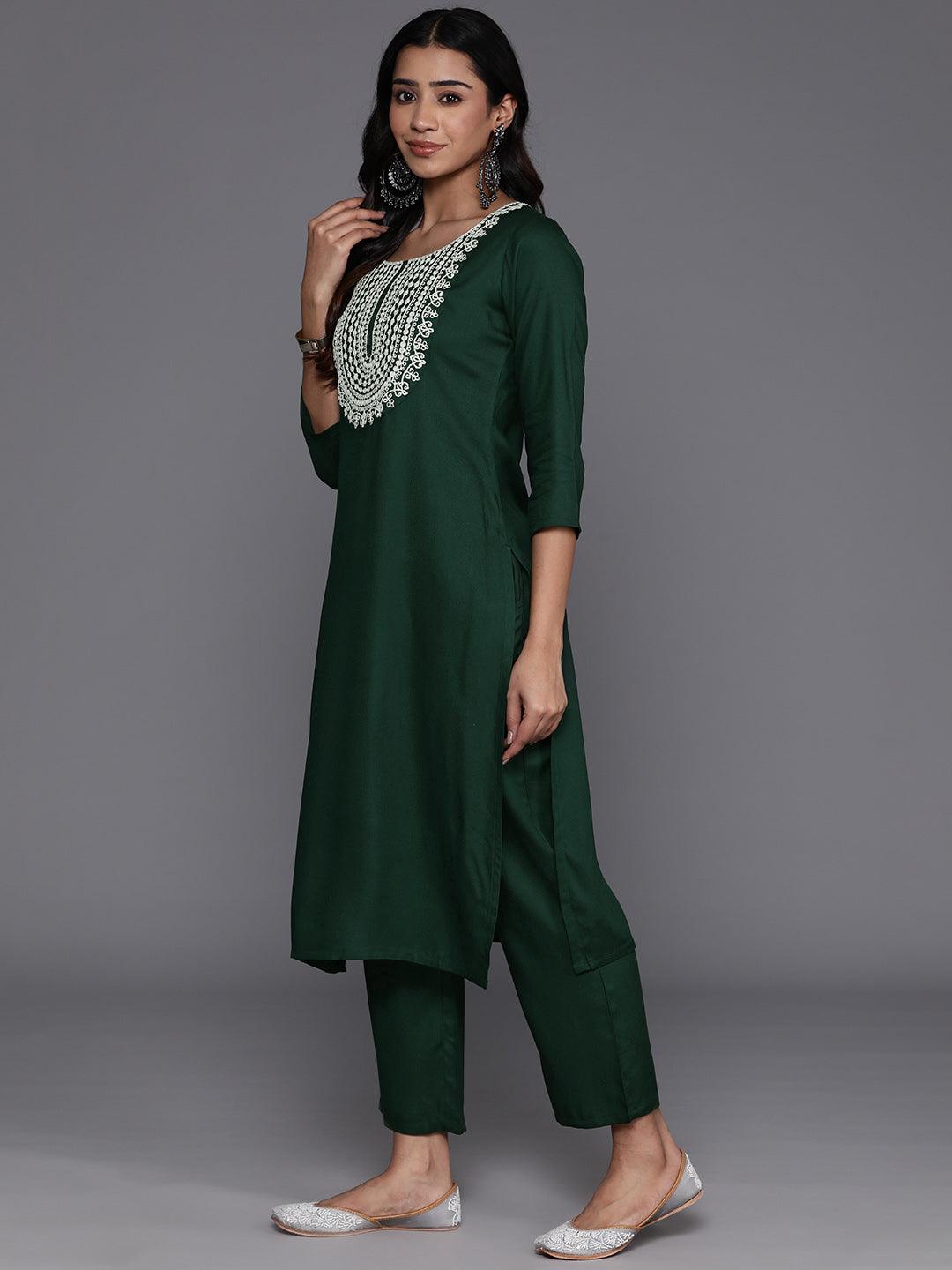 Green Yoke Design Wool Blend Straight Kurta With Trousers - Libas 