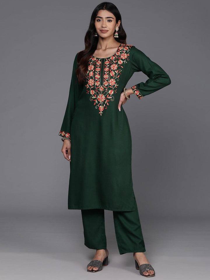 Green Yoke Design Wool Blend Straight Kurta With Trousers - Libas