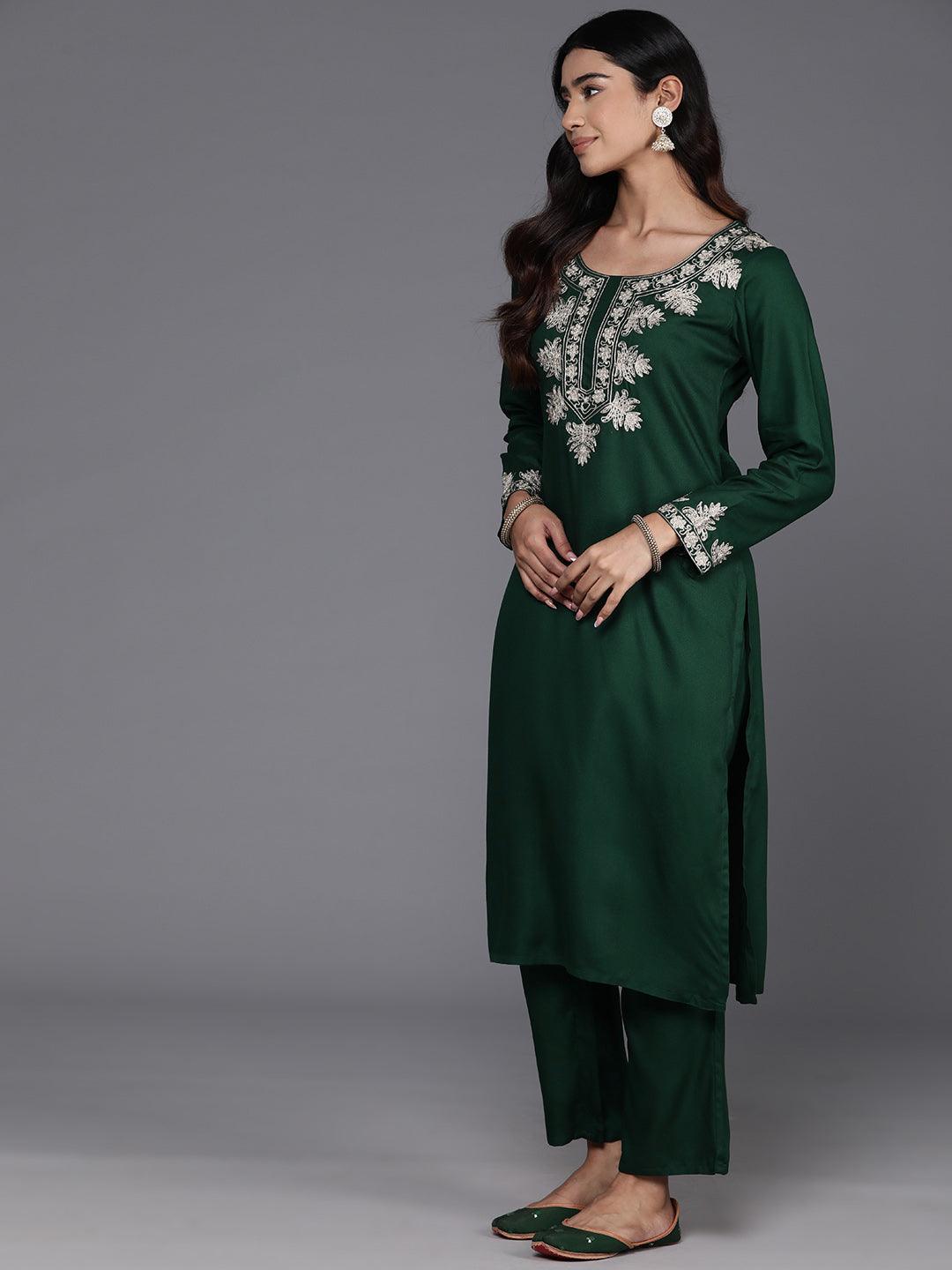 Green Yoke Design Wool Blend Straight Kurta With Trousers - Libas