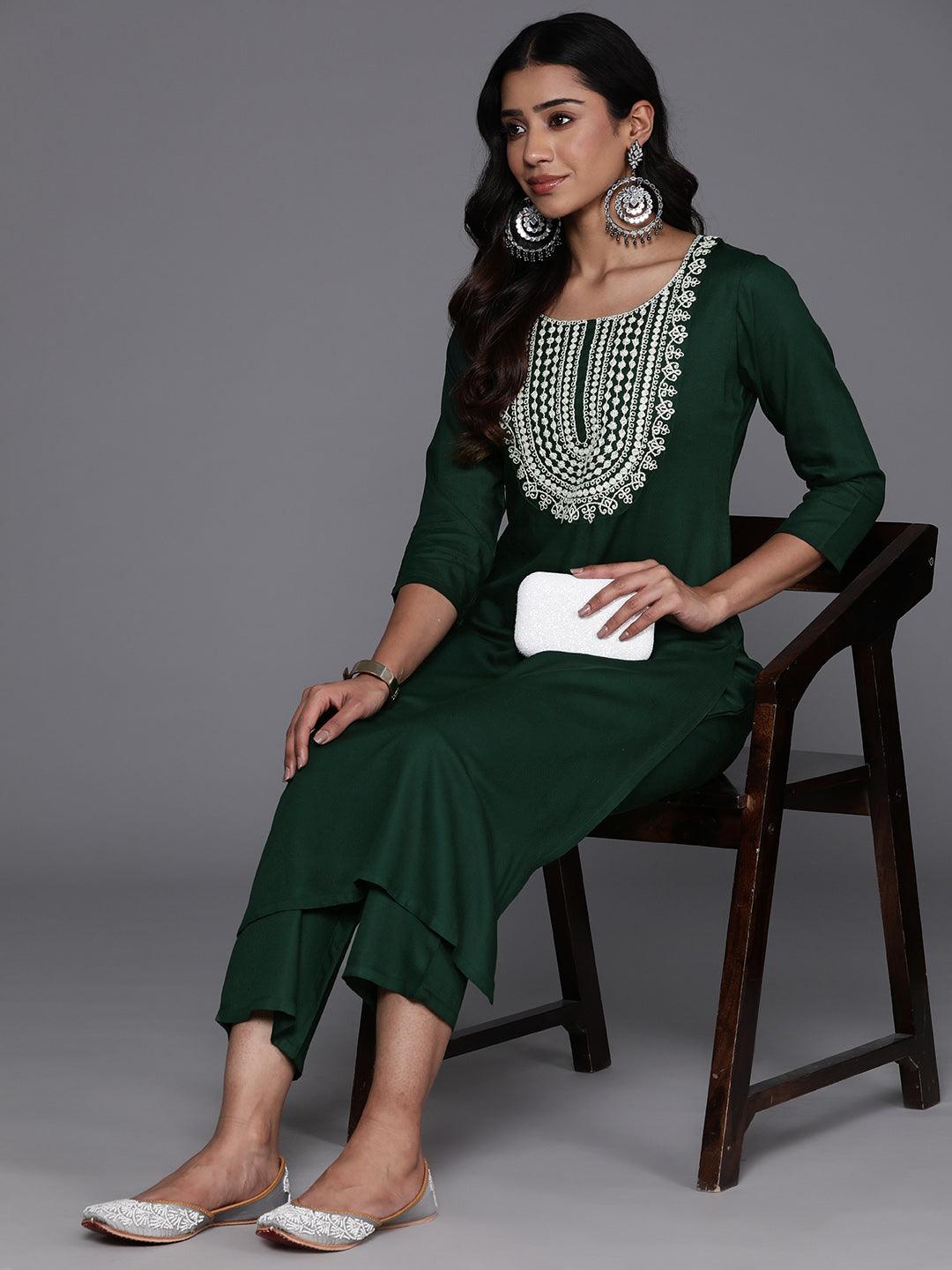 Green Yoke Design Wool Blend Straight Kurta With Trousers - Libas 