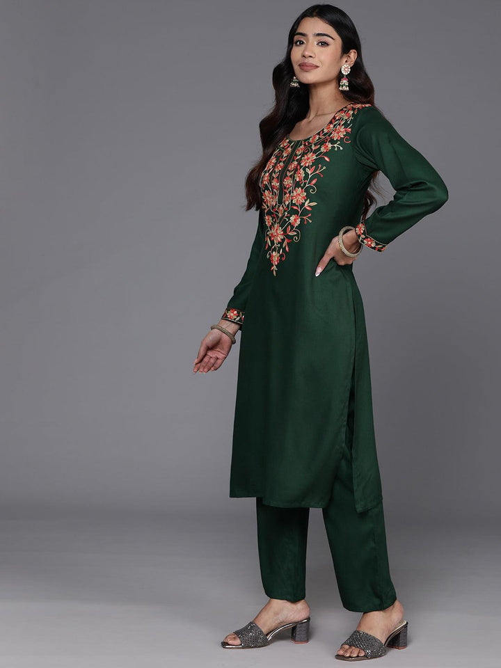 Green Yoke Design Wool Blend Straight Kurta With Trousers - Libas