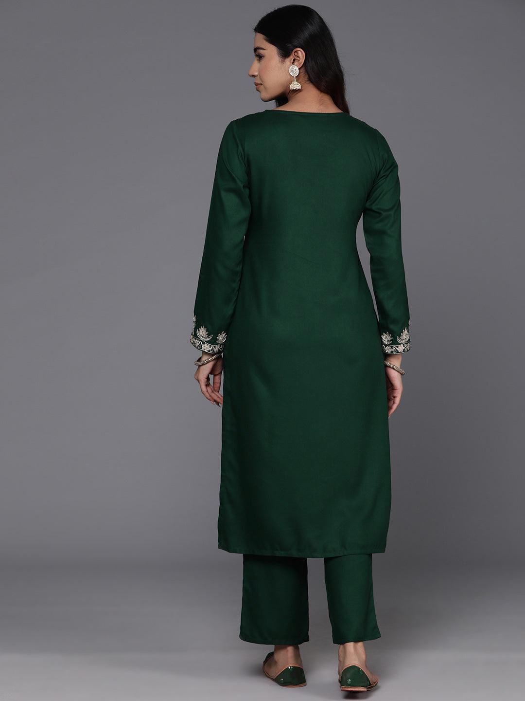 Green Yoke Design Wool Blend Straight Kurta With Trousers - Libas