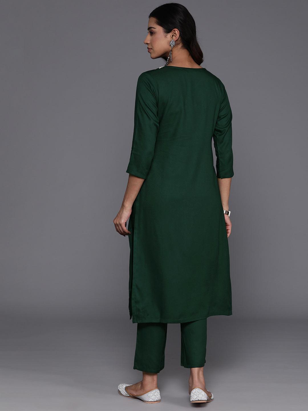 Green Yoke Design Wool Blend Straight Kurta With Trousers - Libas 