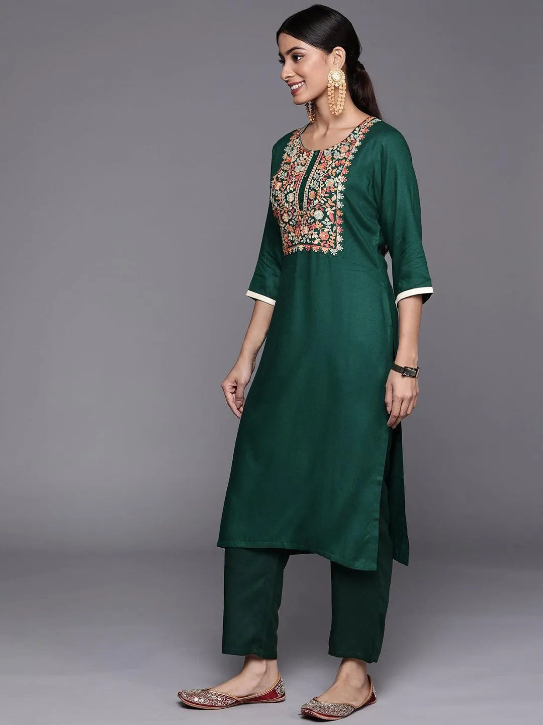 Green Yoke Design Wool Straight Kurta - Libas