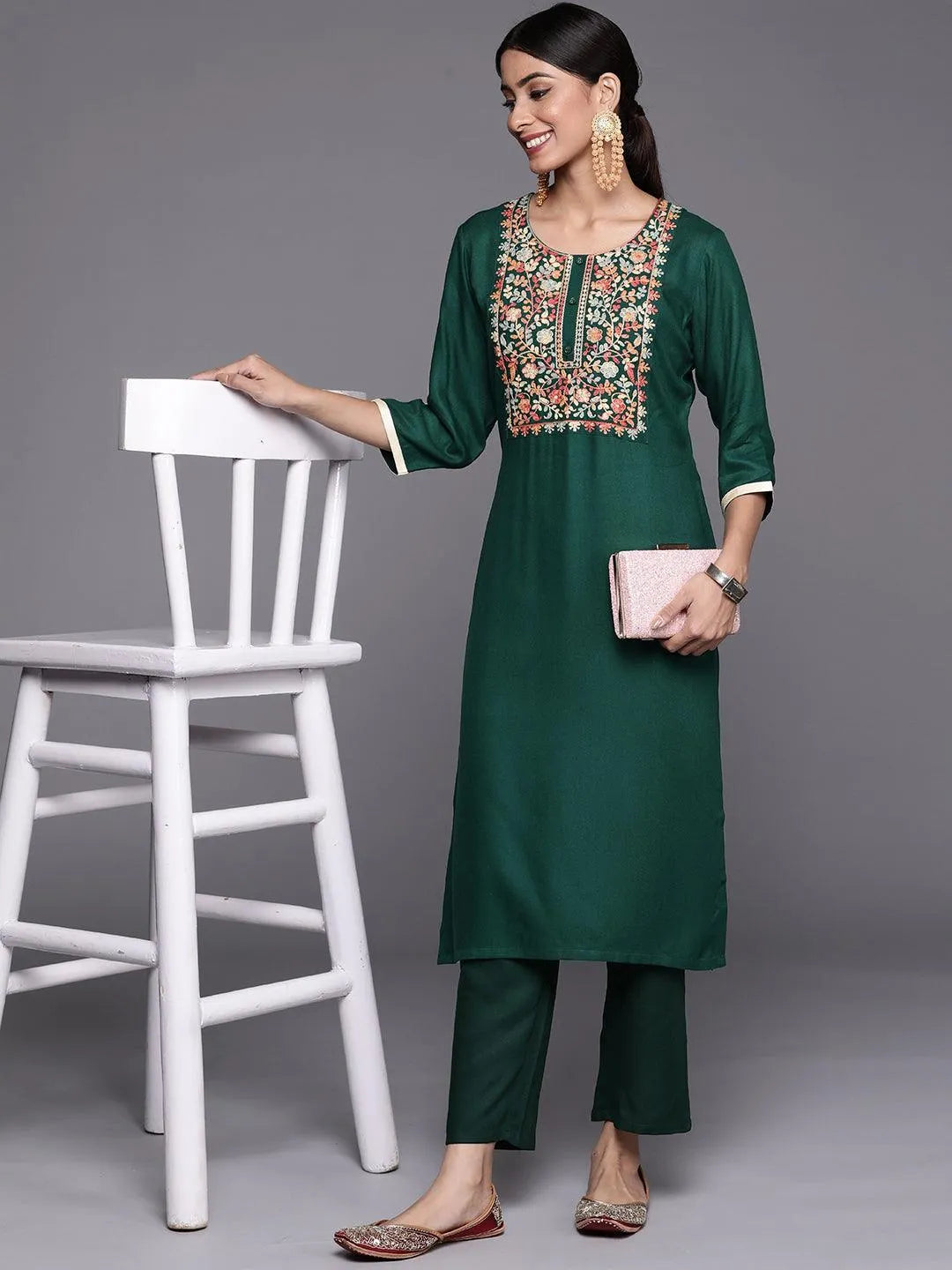 Green Yoke Design Wool Straight Kurta - Libas