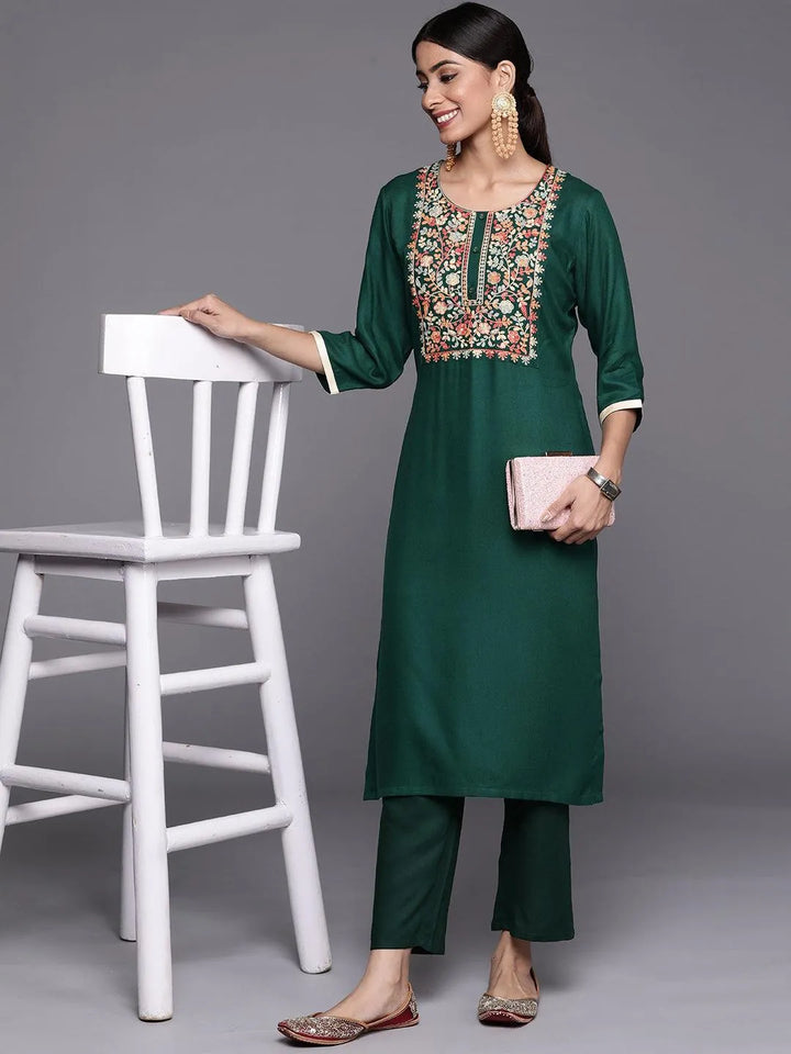 Green Yoke Design Wool Straight Kurta - Libas