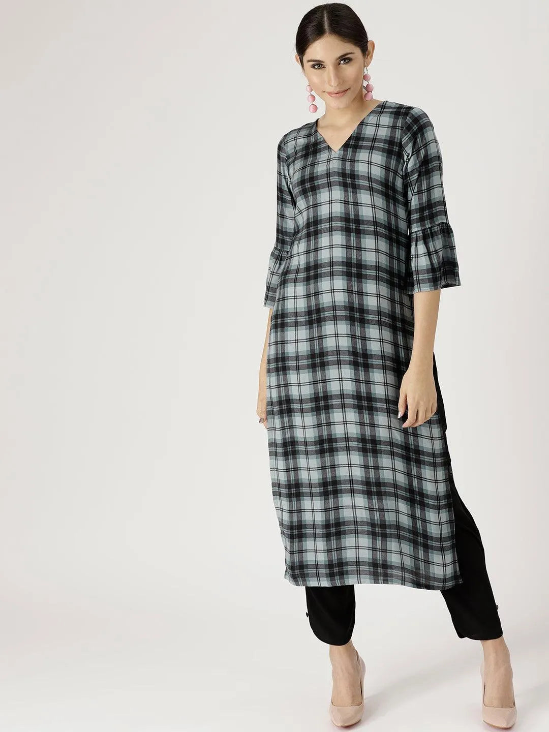 Grey Checkered Rayon Kurta Set - Libas 