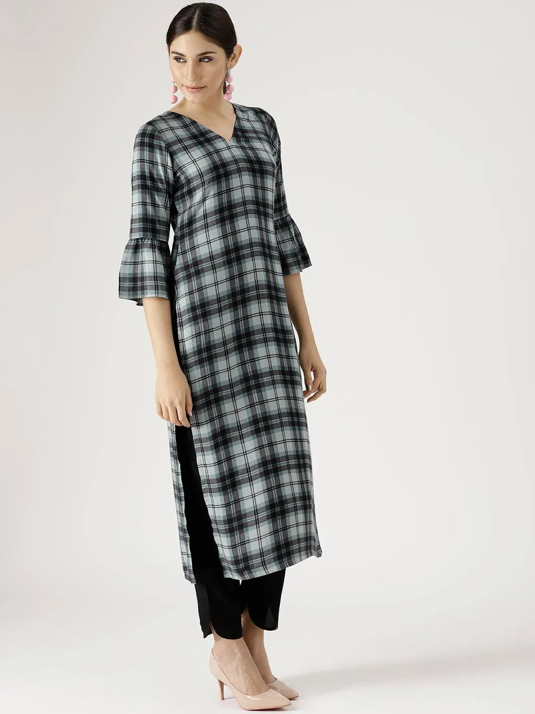 Grey Checkered Rayon Kurta Set - Libas 