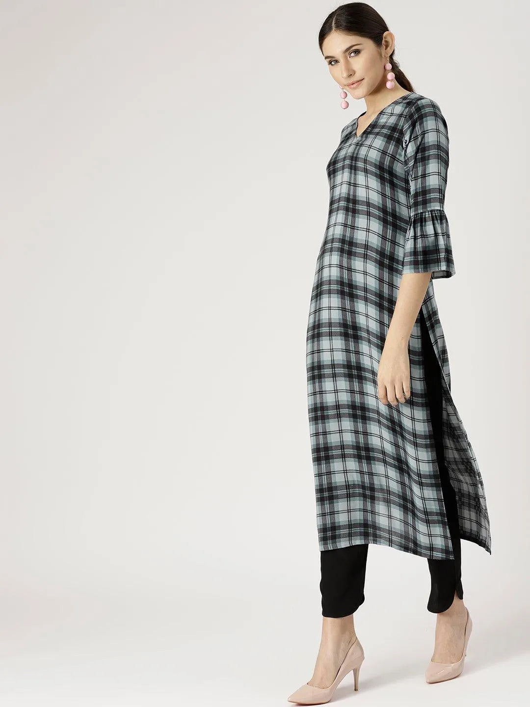 Grey Checkered Rayon Kurta Set - Libas 