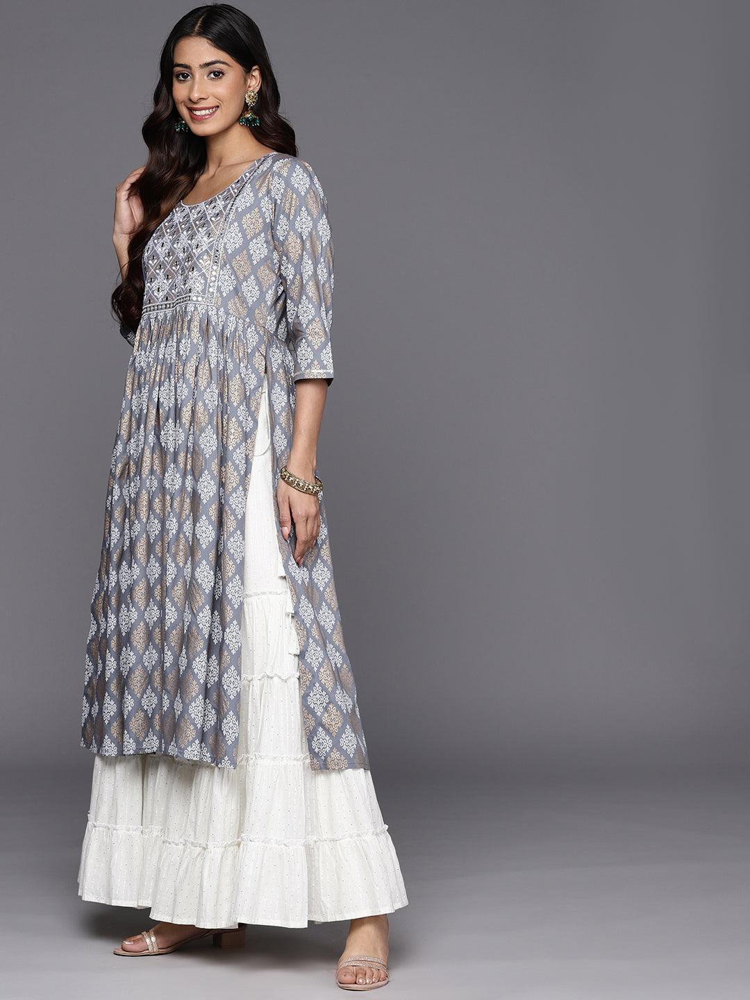 Grey Embellished Rayon A-Line Kurta - Libas 