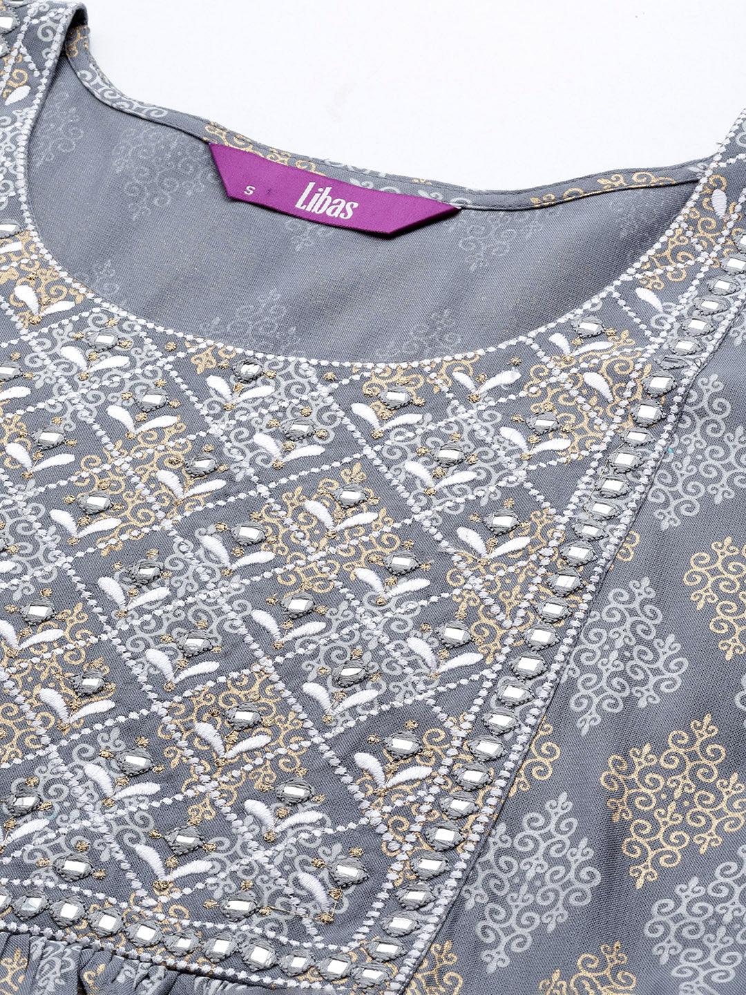 Grey Embellished Rayon A-Line Kurta - Libas 