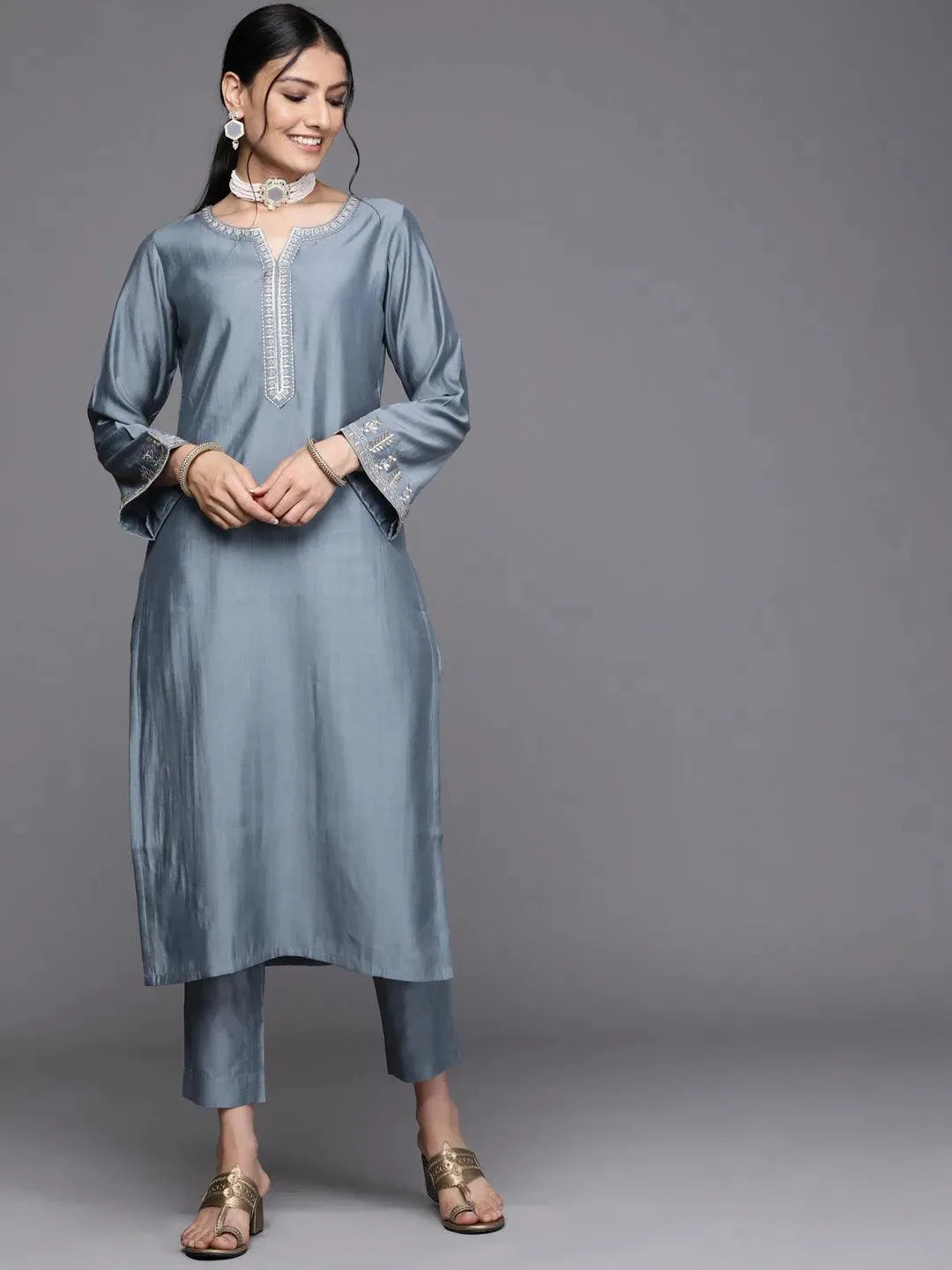 Grey Embroidered Chanderi Silk Kurta - Libas 