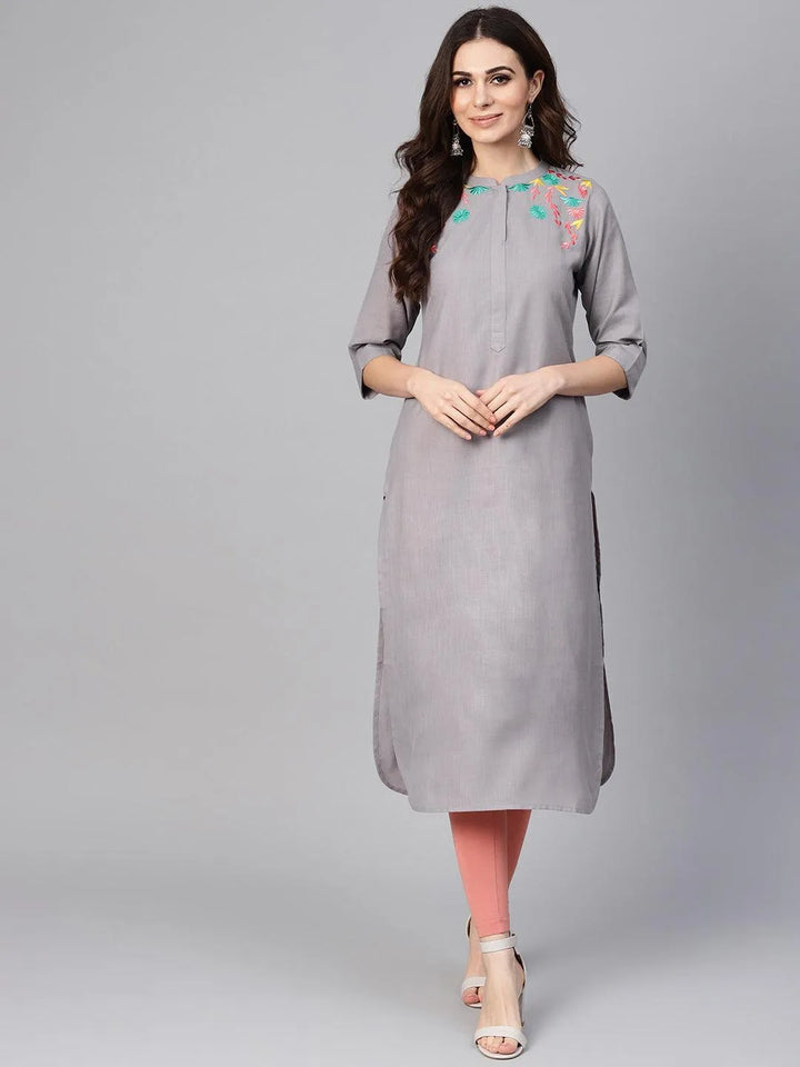 Grey Embroidered Cotton Kurta - Libas