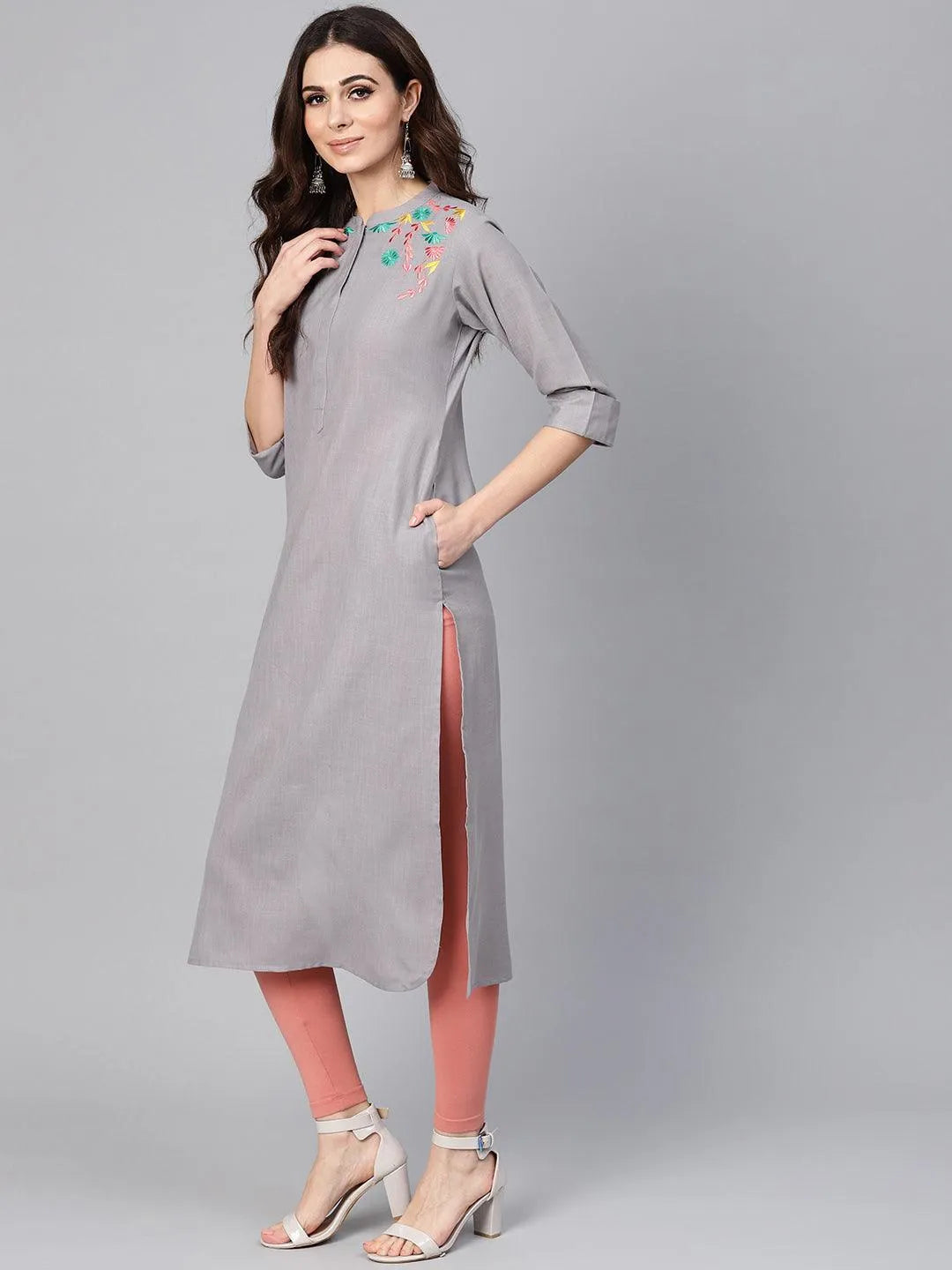 Grey Embroidered Cotton Kurta - Libas