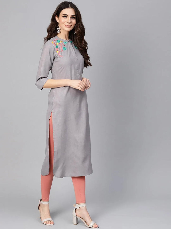 Grey Embroidered Cotton Kurta - Libas