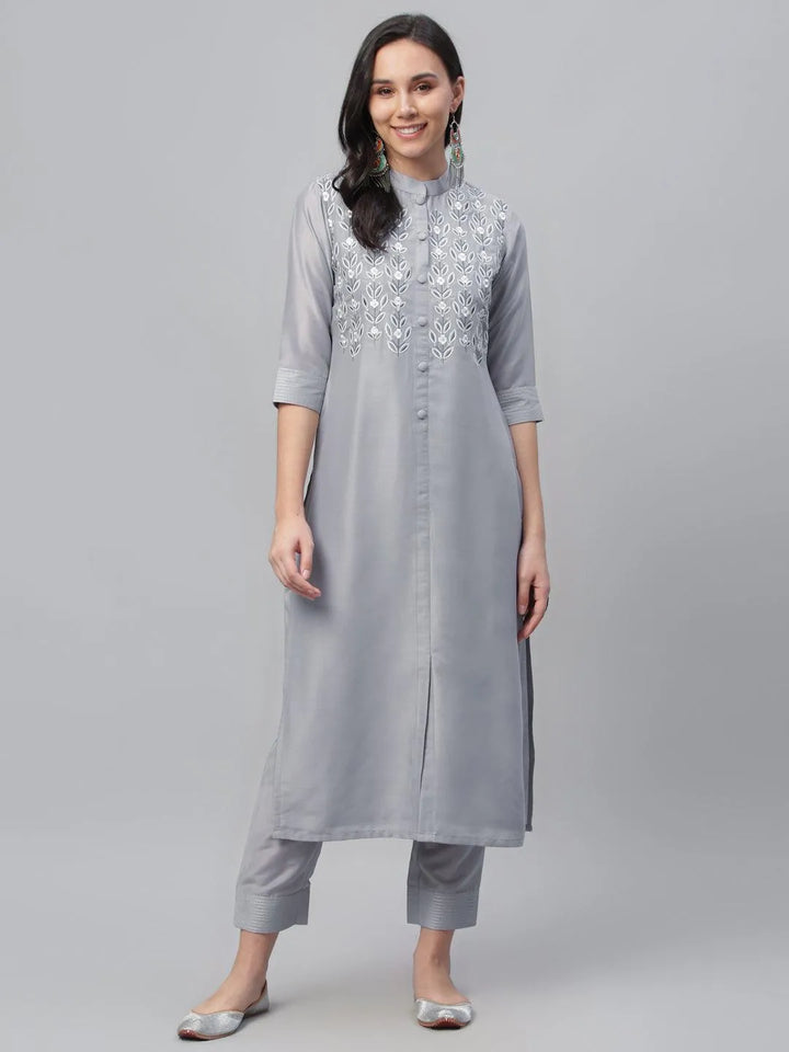 Grey Embroidered Crepe Kurta - Libas