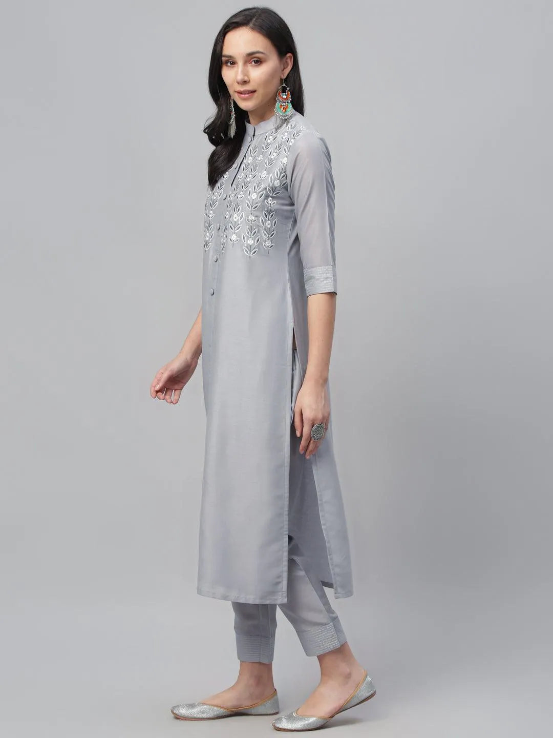 Grey Embroidered Crepe Kurta - Libas