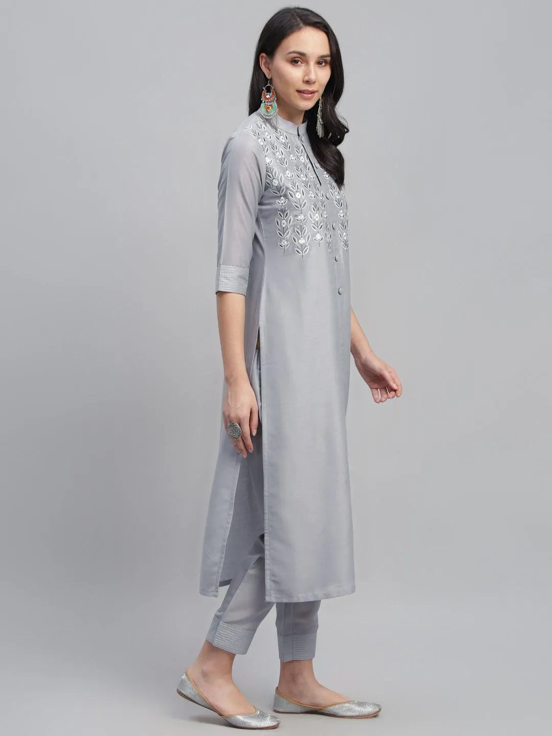 Grey Embroidered Crepe Kurta - Libas