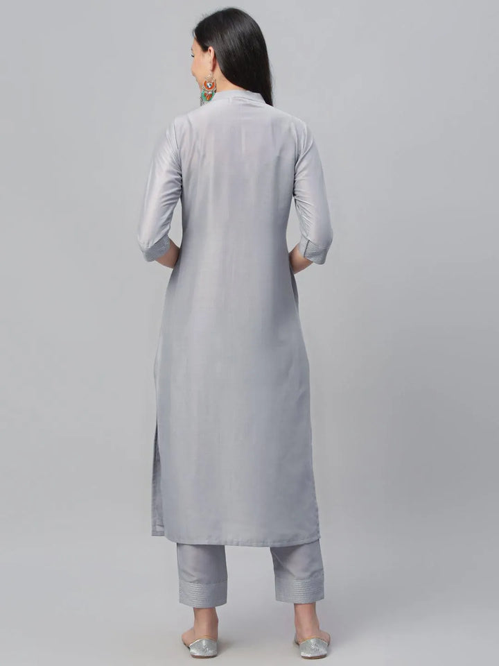 Grey Embroidered Crepe Kurta - Libas