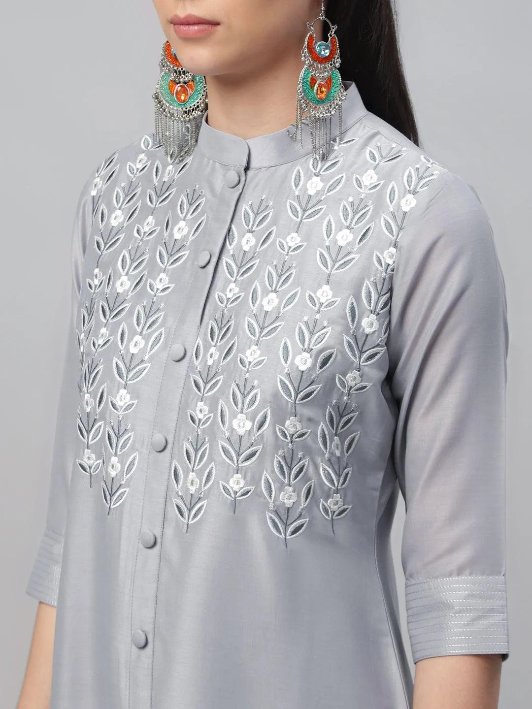 Grey Embroidered Crepe Kurta - Libas