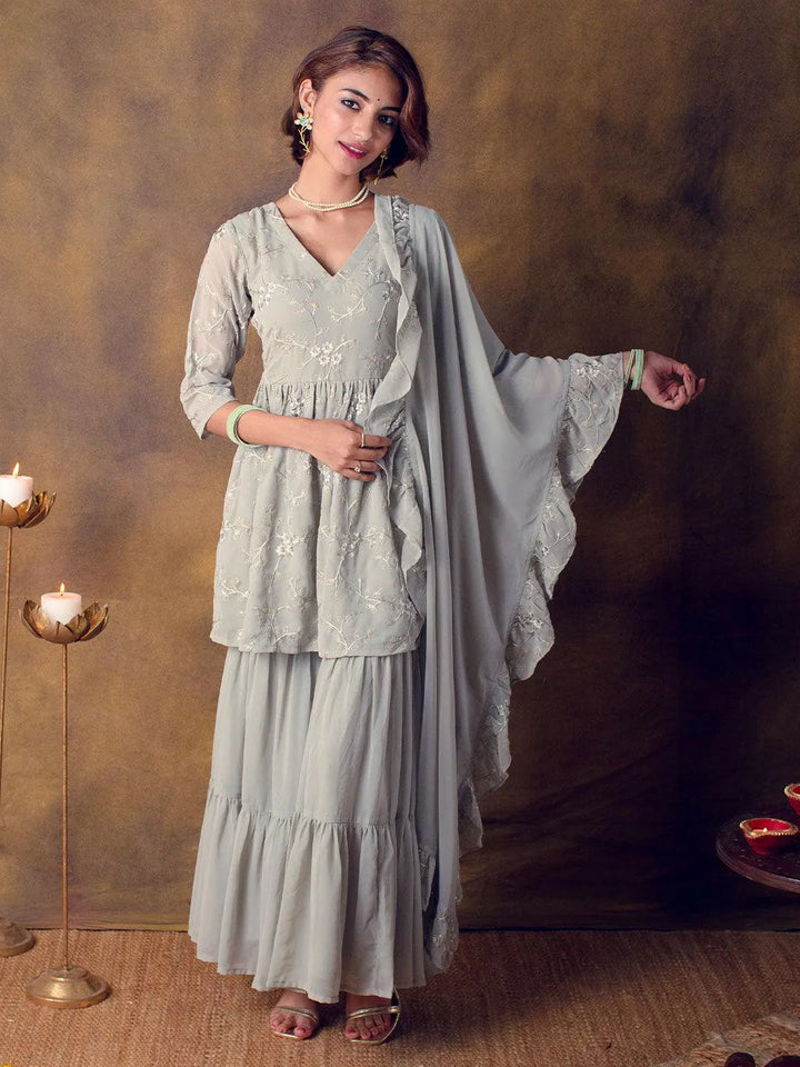 Grey Embroidered Georgette Suit Set - Libas