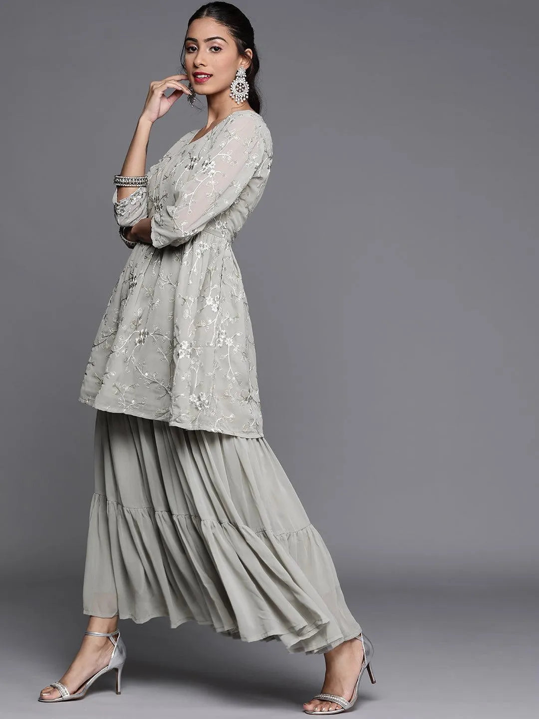 Grey Embroidered Georgette Suit Set - Libas