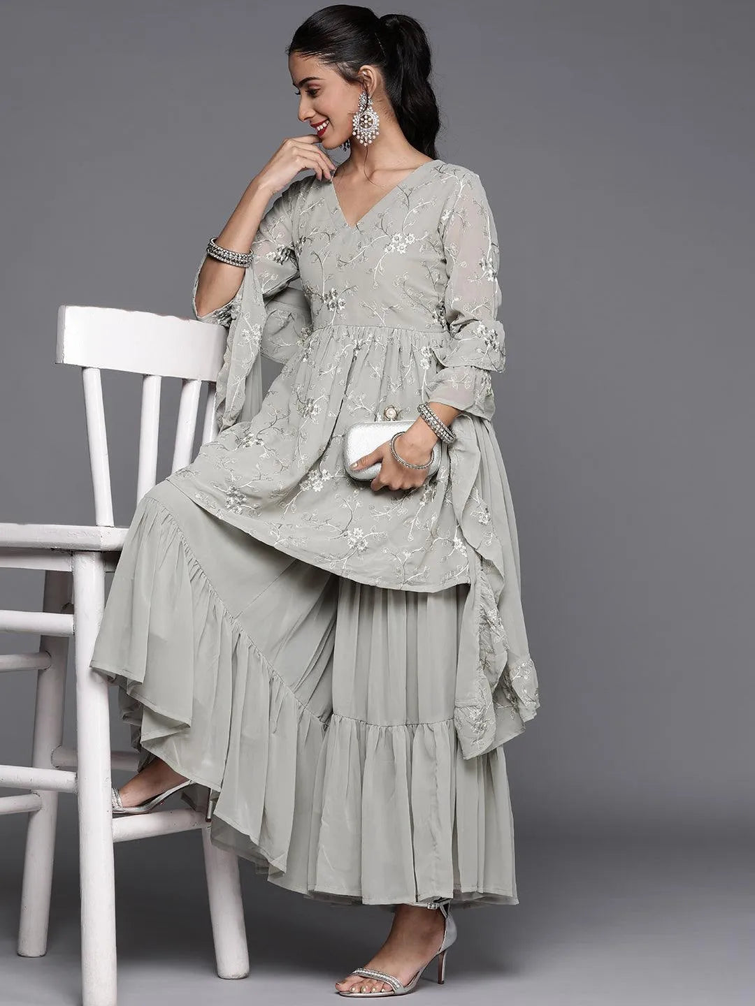 Grey Embroidered Georgette Suit Set - Libas