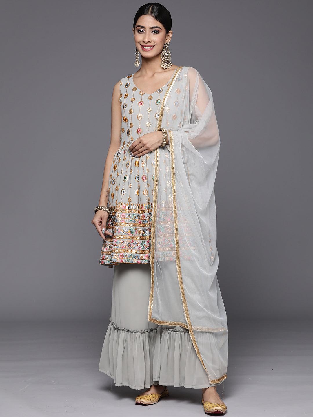 Grey Embroidered Georgette A-Line Suit Set With Palazzos - Libas 