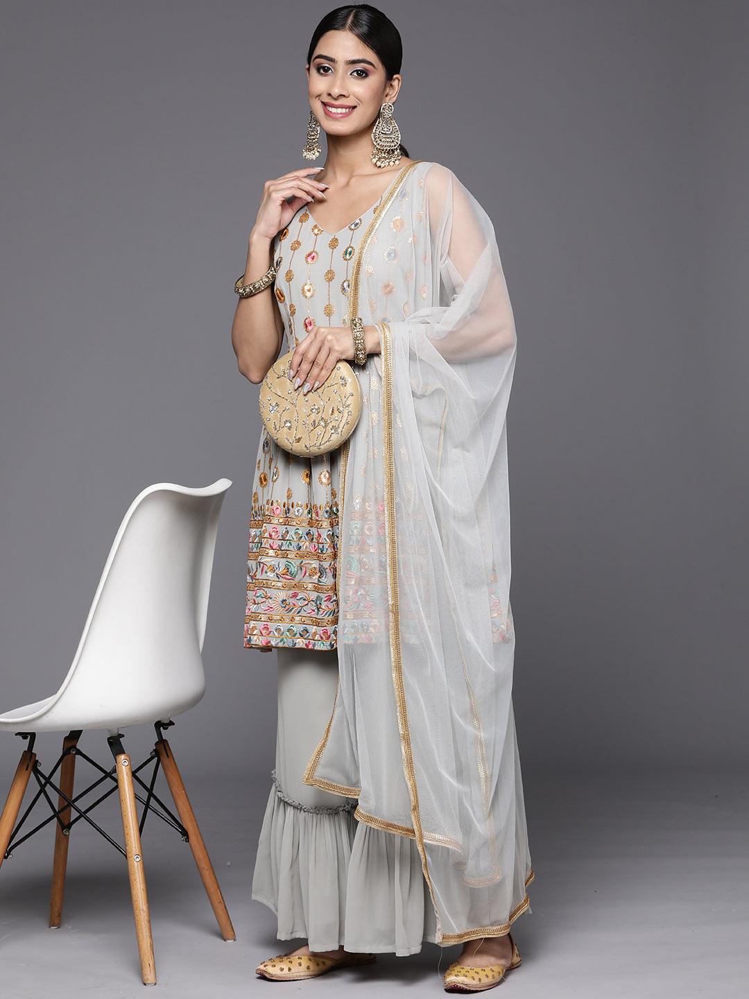 Grey Embroidered Georgette A-Line Suit Set With Palazzos - Libas 