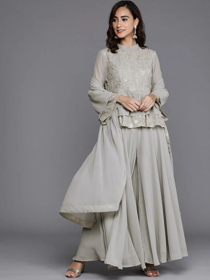 Grey Embroidered Georgette Suit Set - Libas