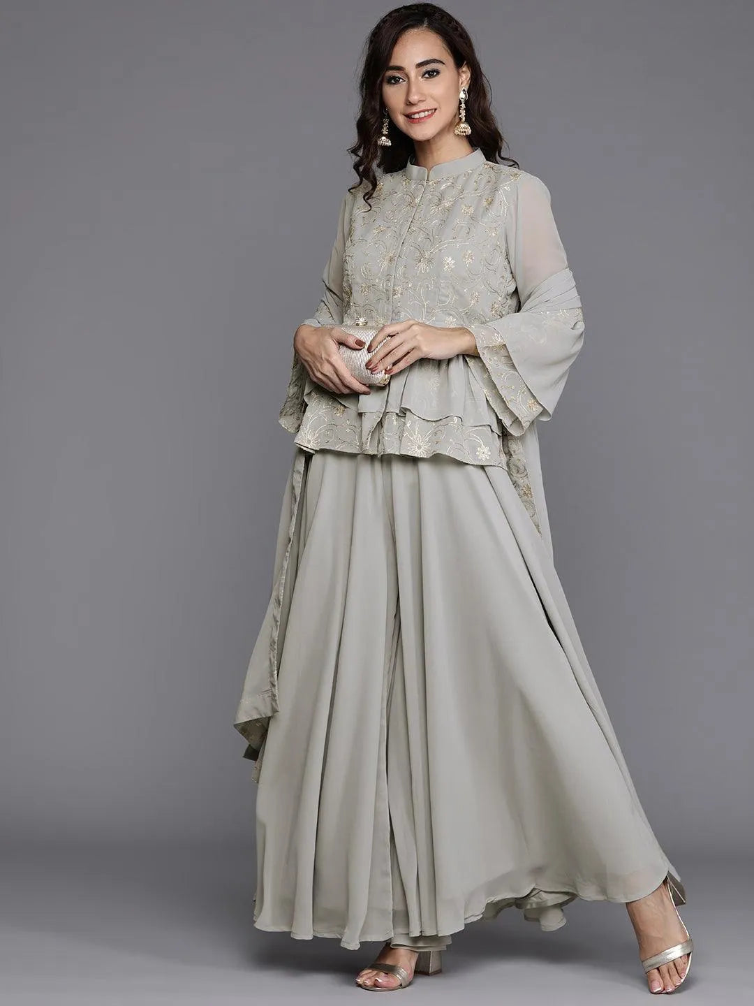 Grey Embroidered Georgette Suit Set - Libas