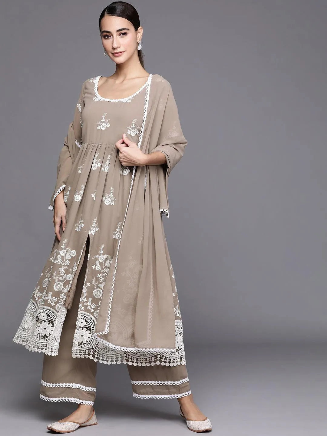 Grey Embroidered Georgette Suit Set - Libas 