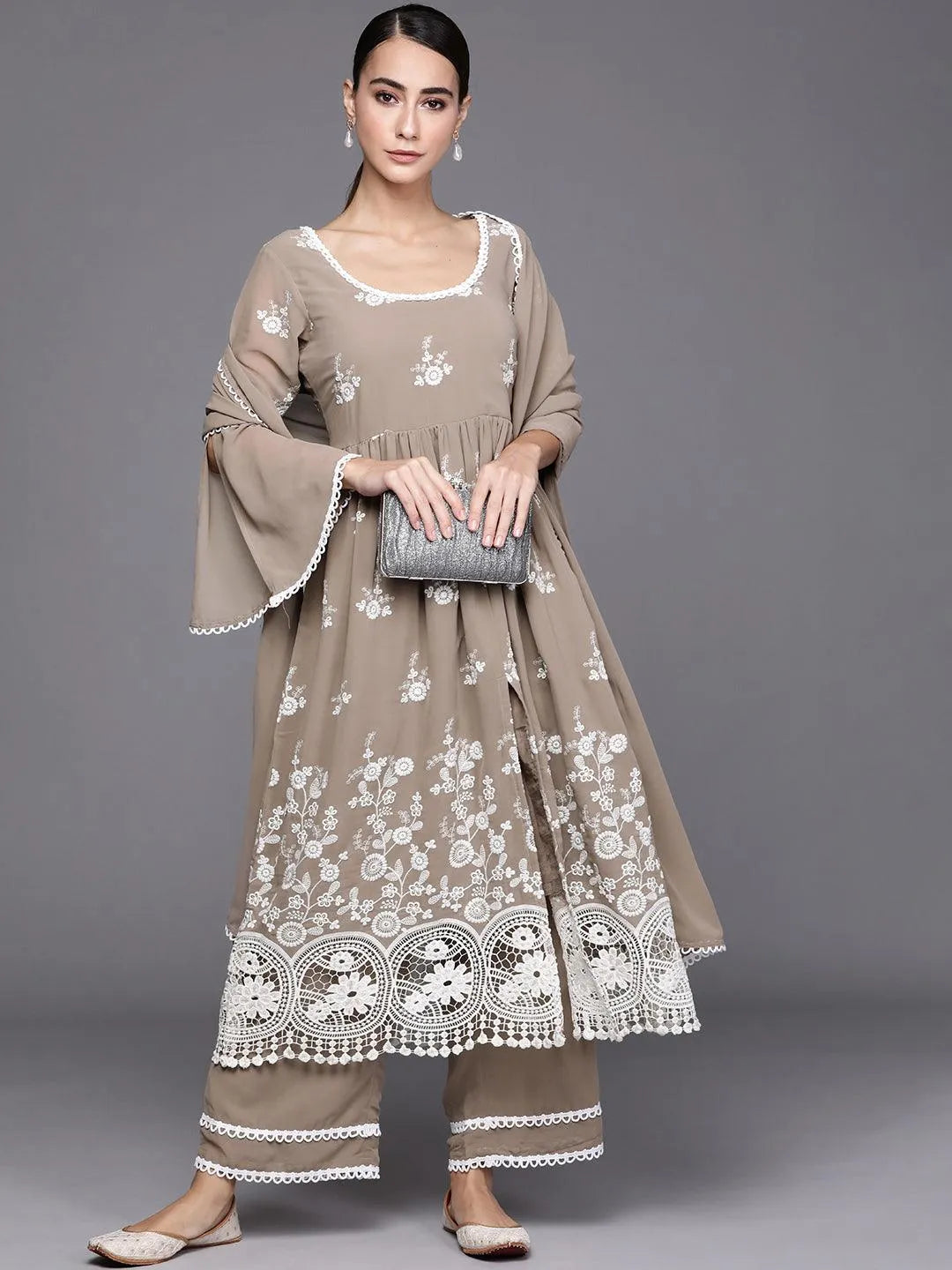 Grey Embroidered Georgette Suit Set - Libas