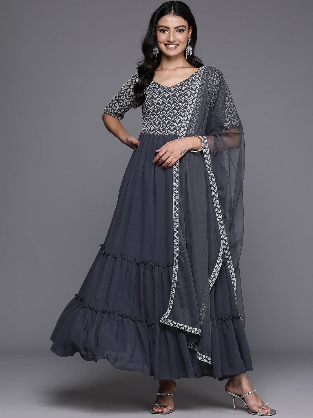 Grey Embroidered Georgette Anarkali Suit With Dupatta