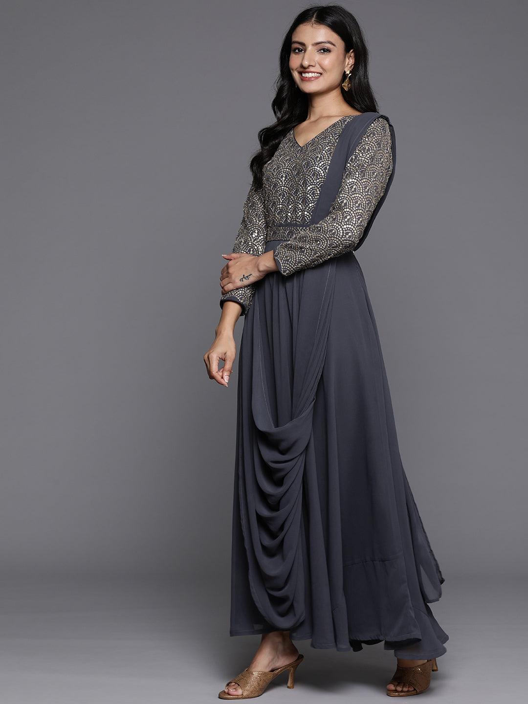 Grey Embroidered Georgette Gown Dress - Libas