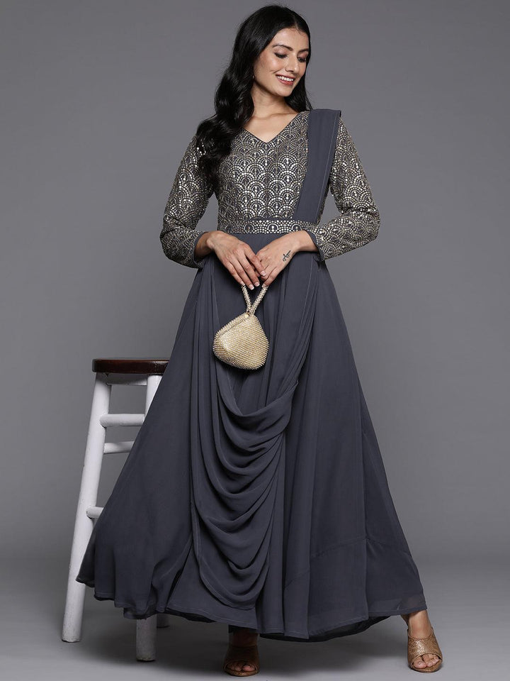 Grey Embroidered Georgette Gown Dress - Libas