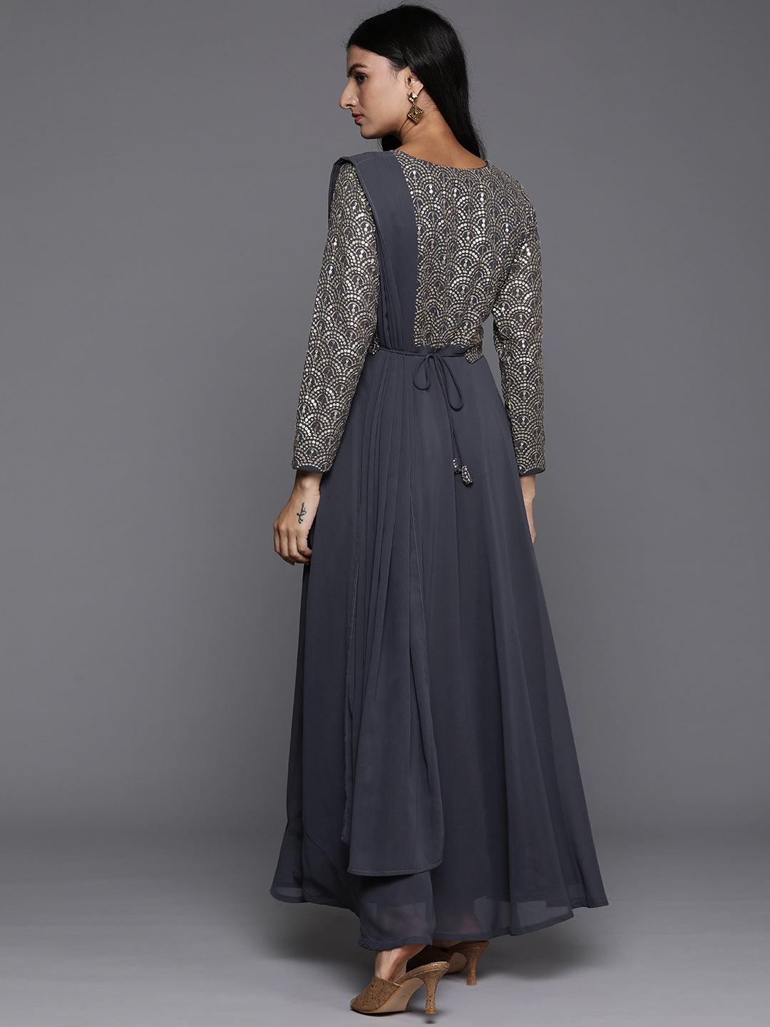 Grey Embroidered Georgette Gown Dress - Libas