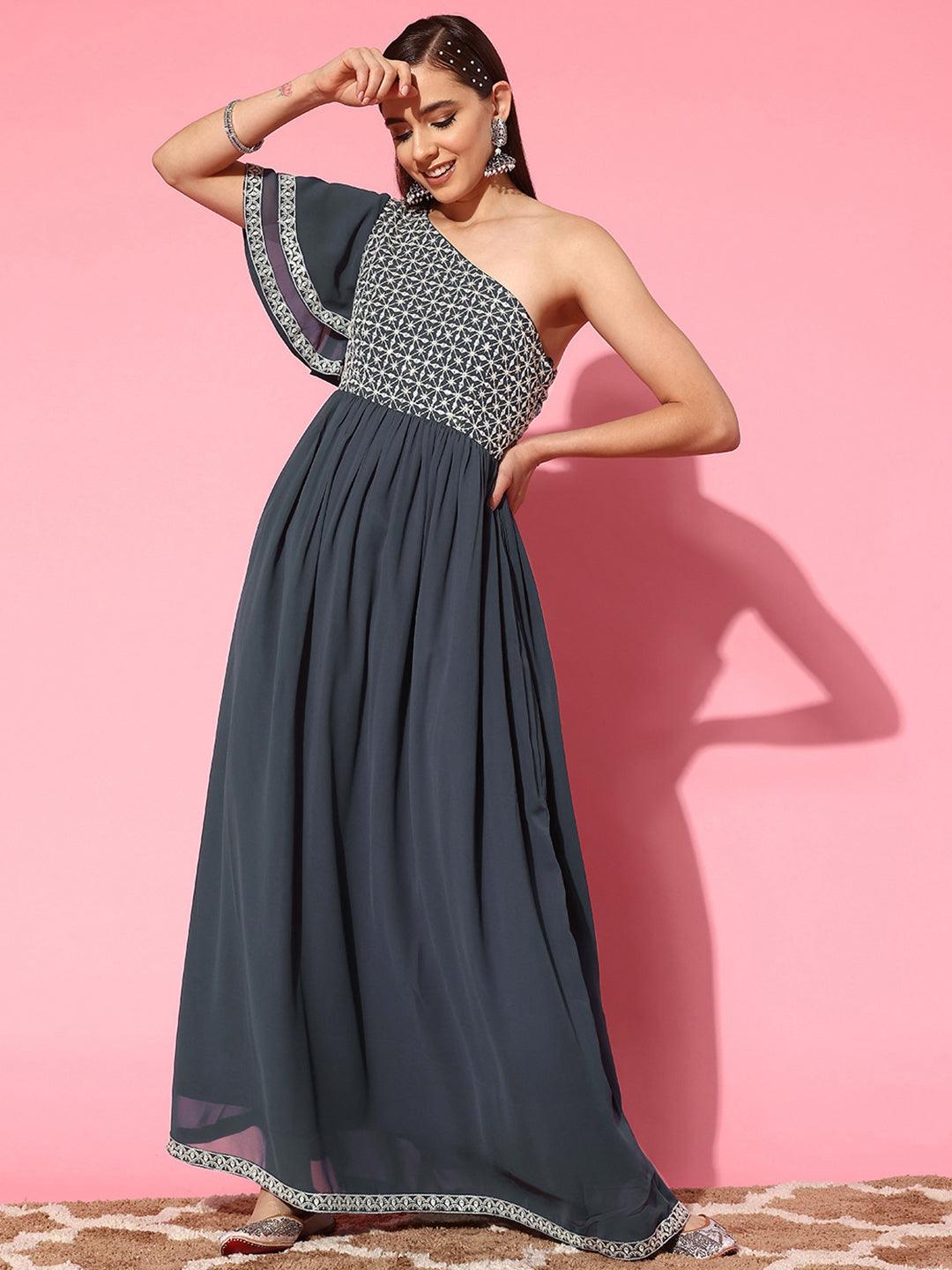 Grey Embroidered Georgette Gown - Libas 